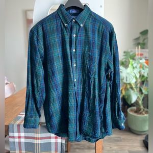 Sir Pendleton Dress Shirt Mens Large Plaid Fine Worsted Wool Blue Green